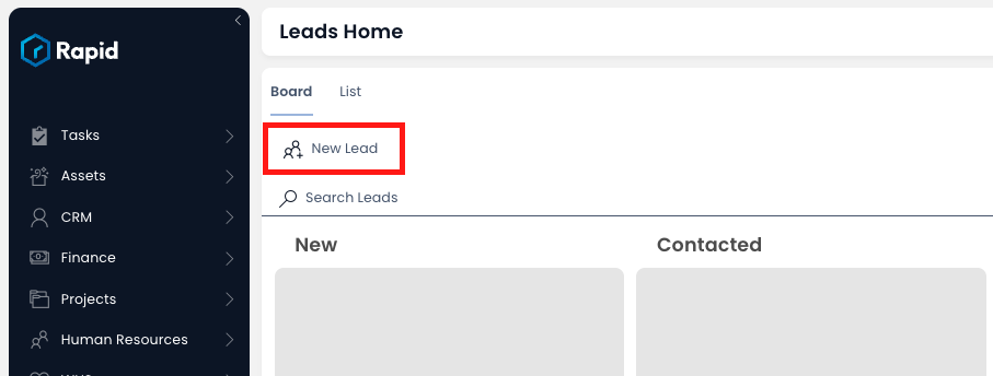 A screenshot of the &quot;New Lead&quot; button as it appears in the Command Bar of a the Leads board or Leads list. The screenshot is annotated with a red box that highlights the location of the &quot;New Lead&quot; button. The button has an icon of two people and a plus symbol.